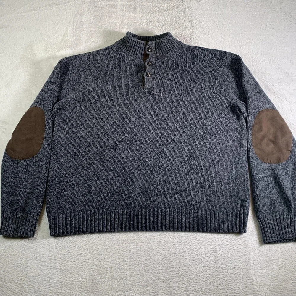 Chaps Sweater Mens Large Gray Henley Mock Neck Elbow Patch Cotton Knit Pullover
